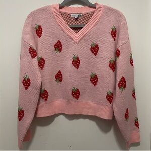 Fashion Nova Pink Knit Pullover Sweater L Strawberry Girly Jacquard Cute Cozy
